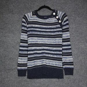 Chaps Petite Mens Striped Knit Sweater Button Shoulder Blue White Size M
